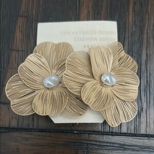 Gold Floral Earrings with Pearl Center